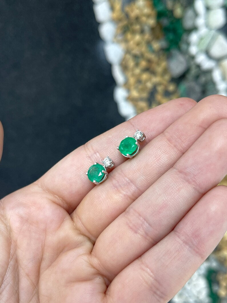 3.50tcw 14K White Gold Lustrous Rich Green Round Cut Emerald & Diamond Accent Stud Earrings - JR Colombian Emeralds