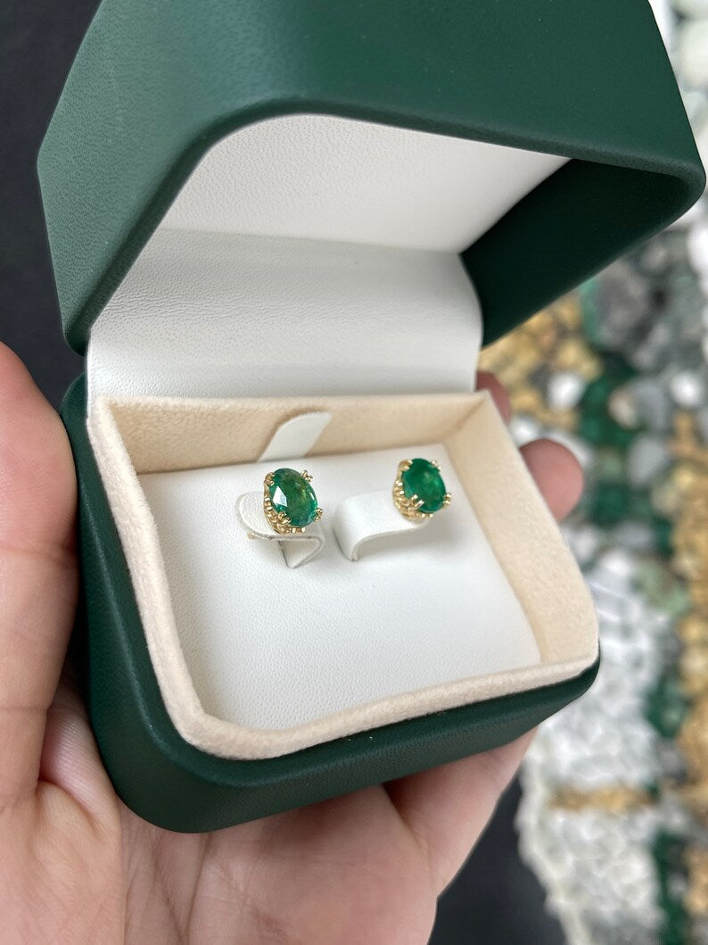 3.43tcw 14K Gold Medium Dark Green Oval Cut Floral Fluer De Lis Prong Stud Earrings - JR Colombian Emeralds