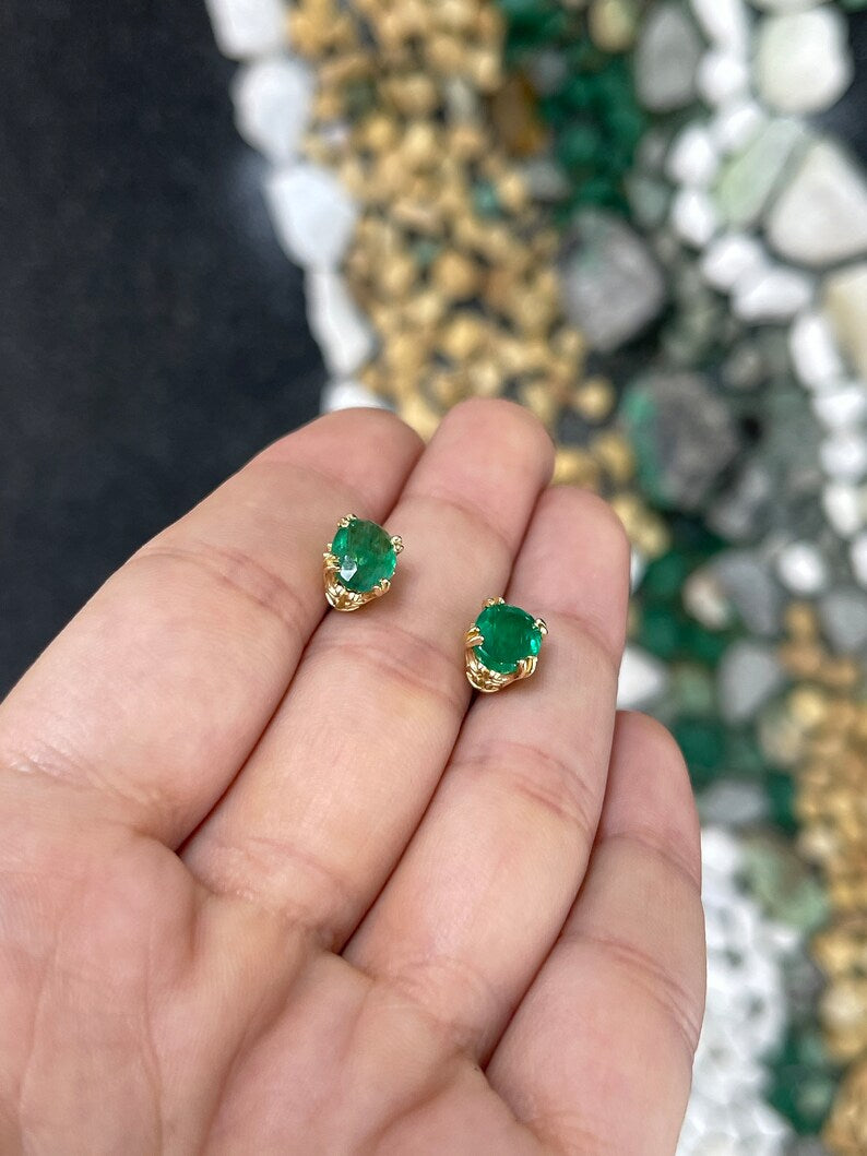 3.43tcw 14K Gold Medium Dark Green Oval Cut Floral Fluer De Lis Prong Stud Earrings - JR Colombian Emeralds