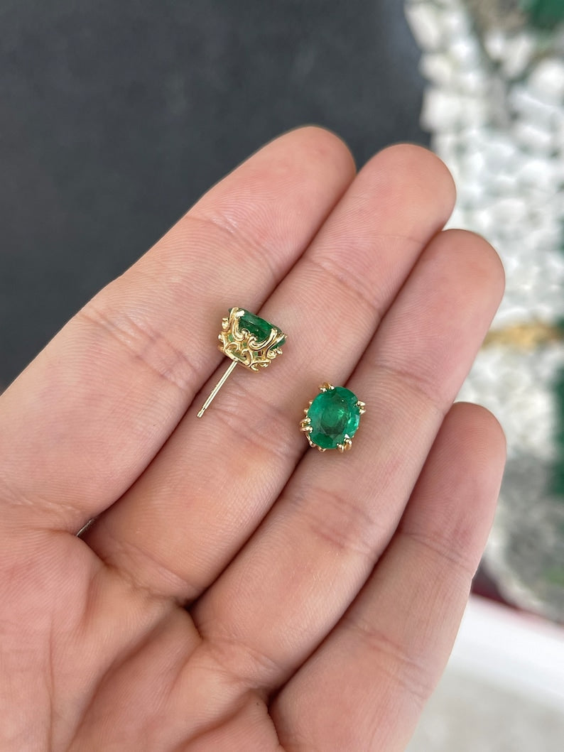 3.43tcw 14K Gold Medium Dark Green Oval Cut Floral Fluer De Lis Prong Stud Earrings - JR Colombian Emeralds