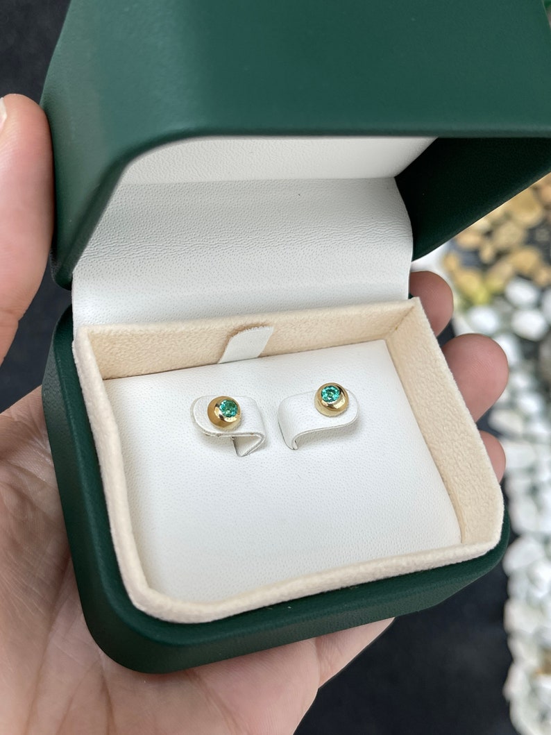 0.40tcw 14K Gold Medium Green 3.5mm Domed Round Cut Emerald Baby Gold Bezel Stud Earrings - JR Colombian Emeralds