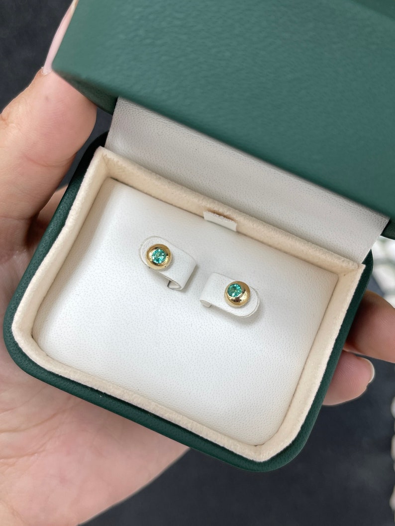 Classic 14K Gold Bezel Set Stud Earrings with Green Emeralds
