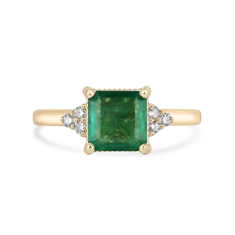 14K Gold Engagement Ring with 1.92 Total Carat Weight Asscher Cut Emerald and Diamond Cluster