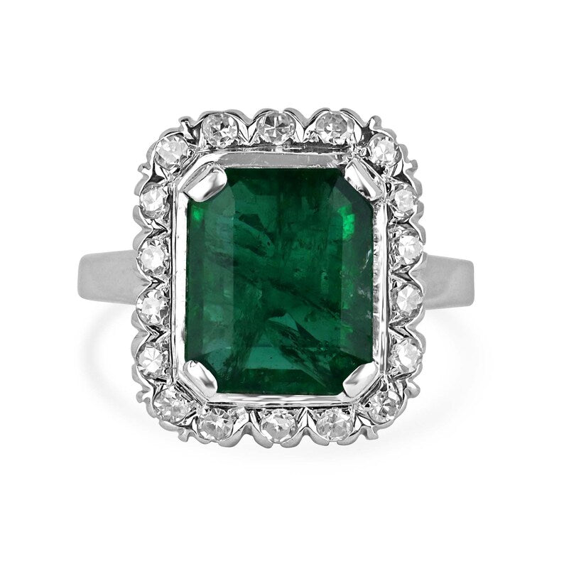 Luxurious 14K White Gold Ring with 4.49tcw Dark Green Emerald and Round Cut Diamond Halo