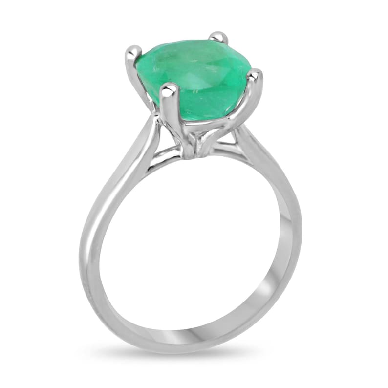 Elegant 14K White Gold Solitaire Ring with a 4.0ct Vivid Green Cushion Cut Emerald
