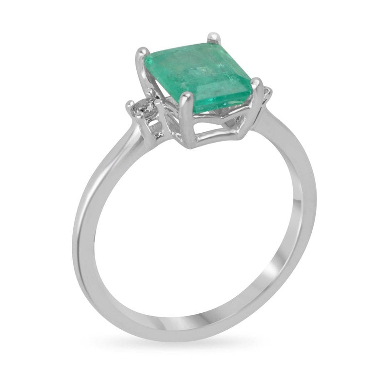 Sterling Silver Ring Featuring 70tcw Medium Green Emerald-Cut Center Stone and Diamond Accents