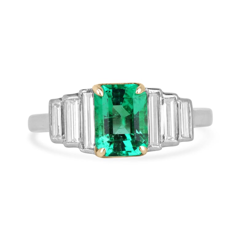 Elegant 18K Gold 7 Stone Engagement Ring with 2.03 Total Carat Weight Emerald and Diamond