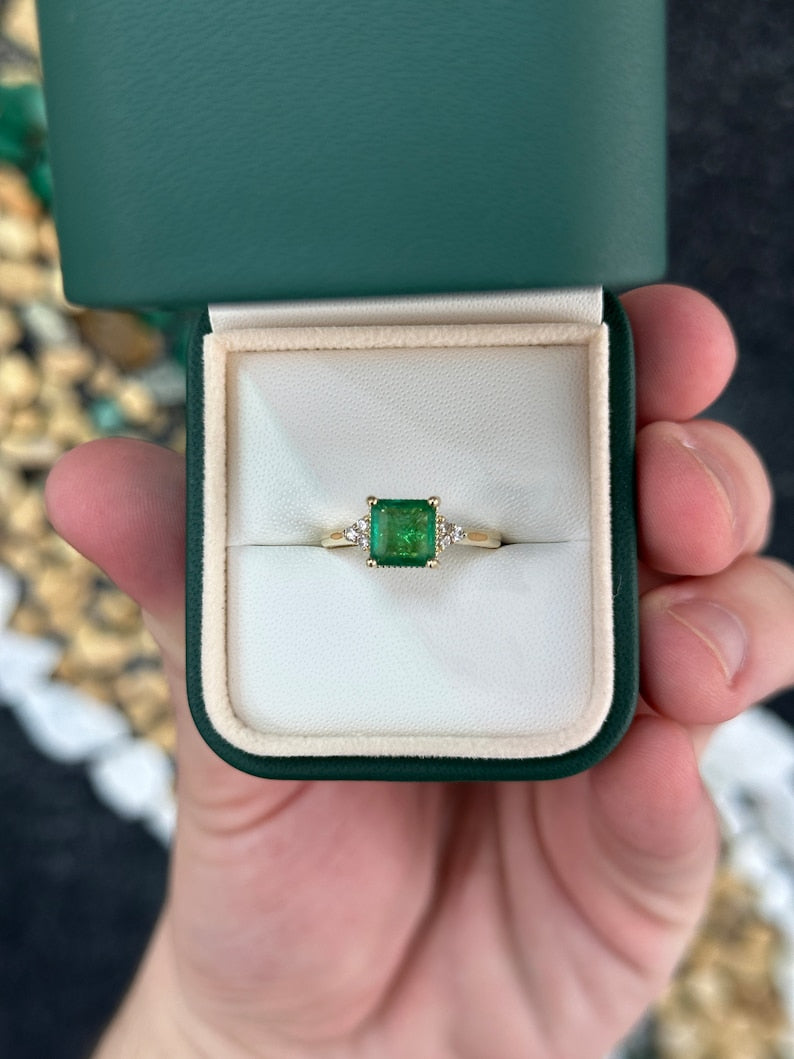 Elegant 14K Natural Asscher Cut Emerald and Diamond Engagement Ring - 1.92 Total Carat Weight