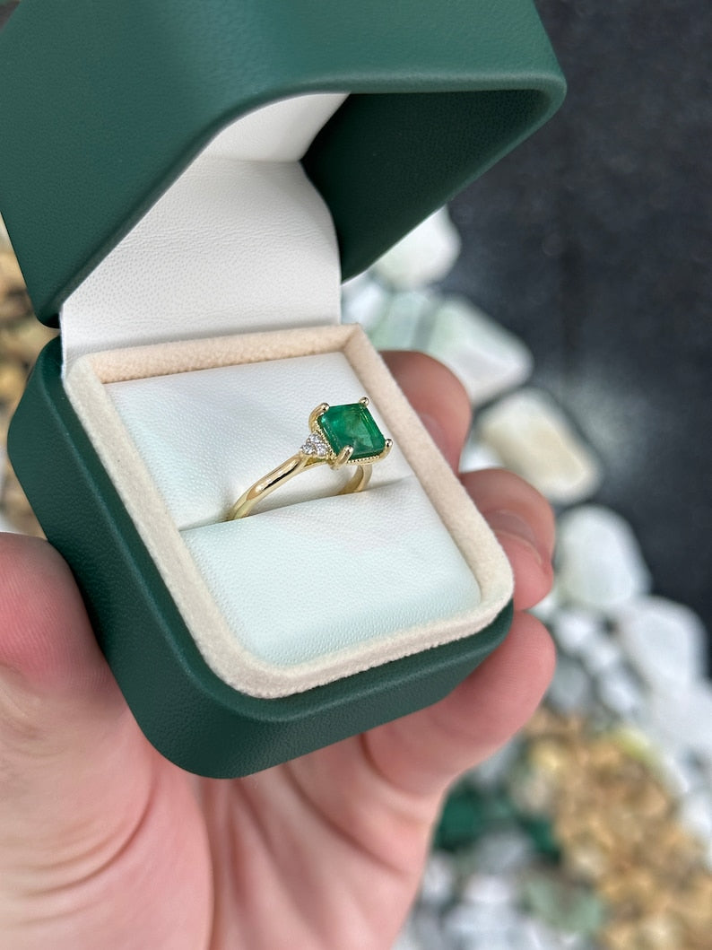 Stunning 7x7 Square Emerald 3 Stone Ring with Diamonds - 1.92tcw, 14K Gold Setting
