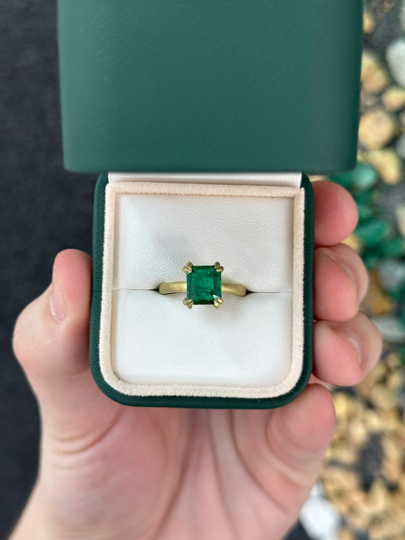 Elegant Rich Green Emerald Cut Engagement Ring - 2.68ct Solitaire in 18K Gold with Satin Finish