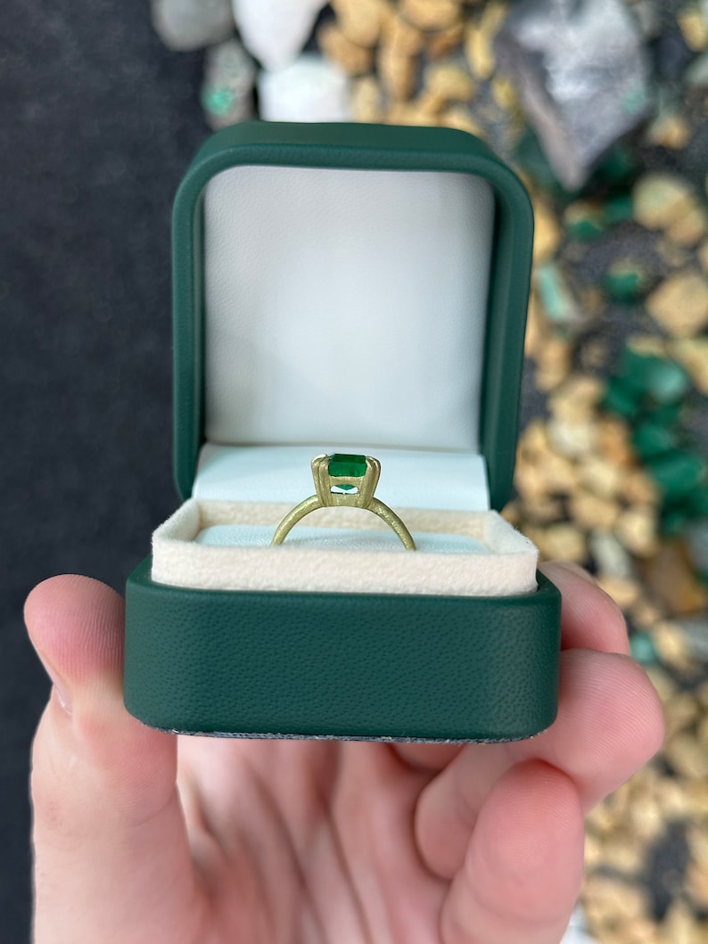 2.68ct 18K AAA Double Claw Prong Rich Green Emerald Cut Solitaire Satin Finish Gold Engagement Ring