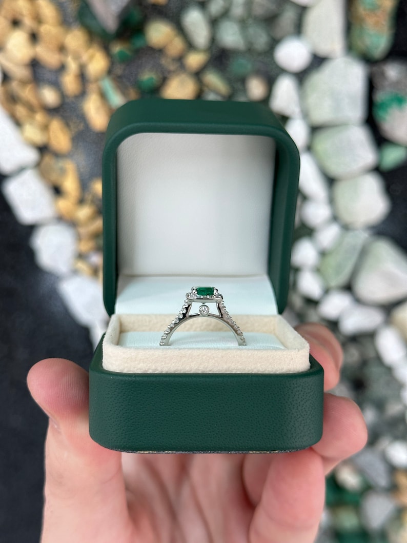 1.81tcw 14K Gold Lush Rich Green Emerald Cut Diamond Halo Shank Accent Engagement Ring