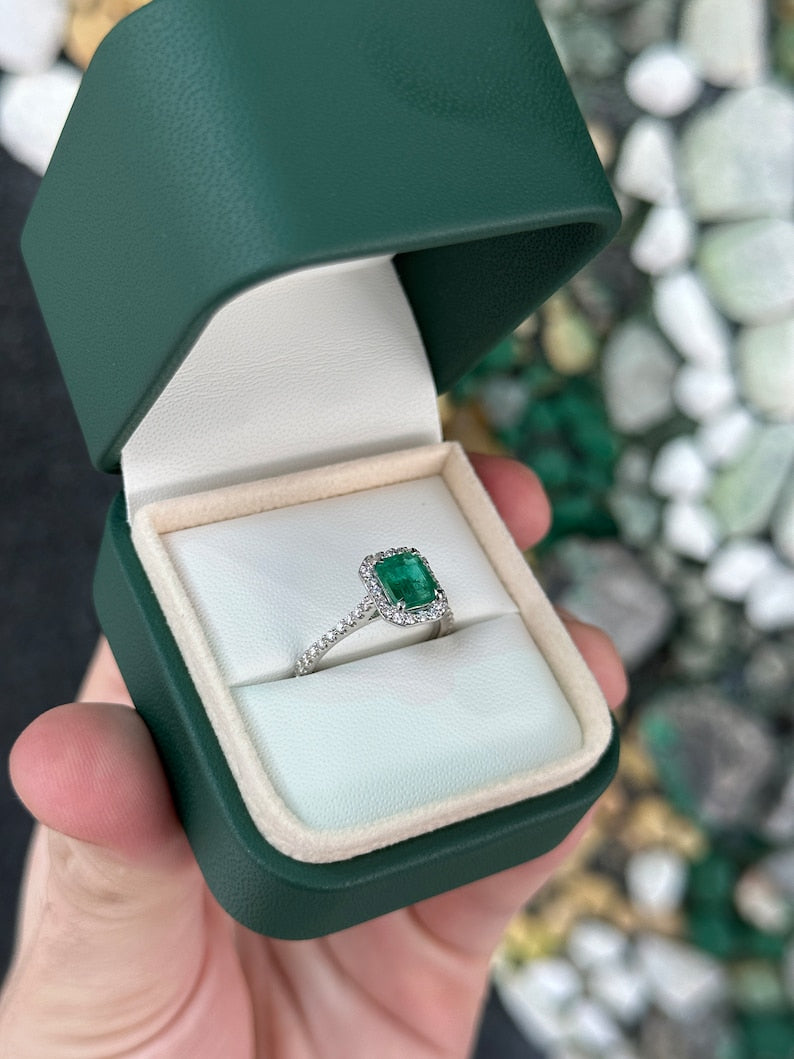 Gorgeous 14K Gold Engagement Ring Featuring a 1.81tcw Rich Green Emerald Cut Diamond in a Halo Setting