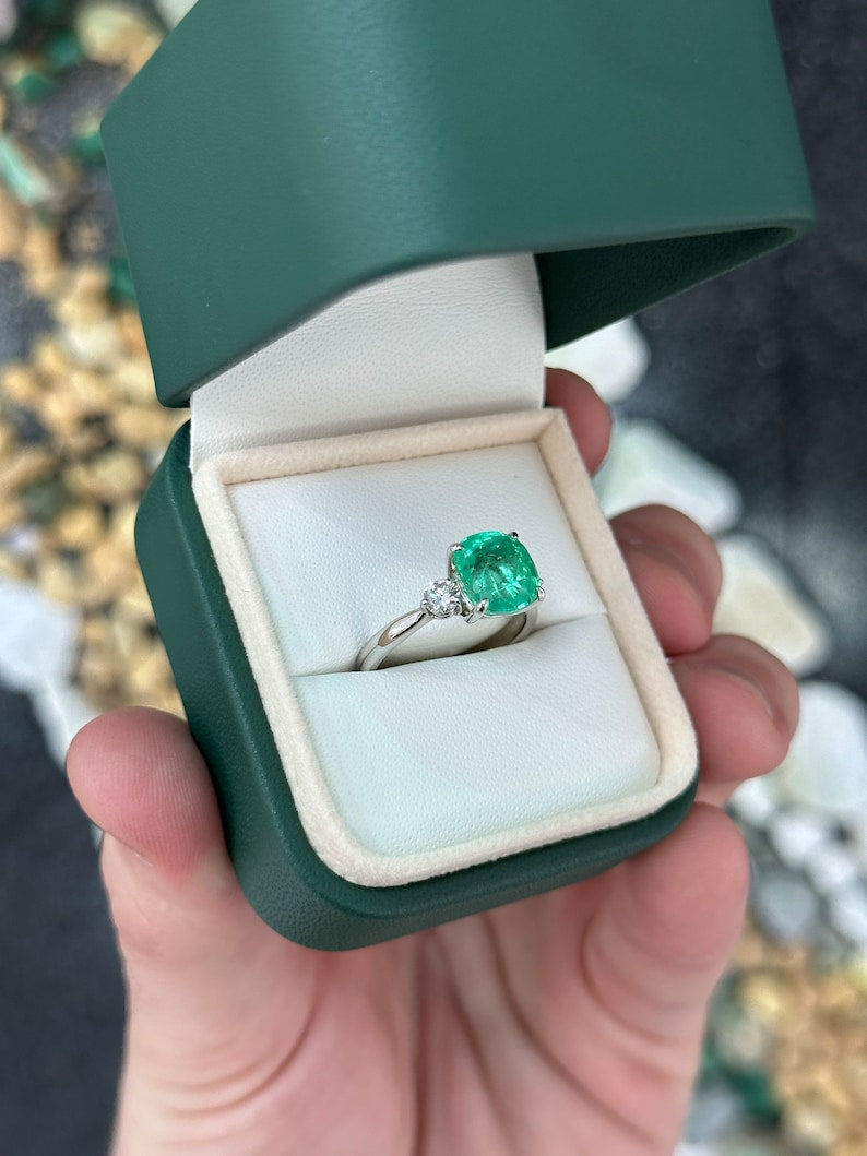 14K White Gold Engagement Ring with a 4.10tcw Cushion-Cut Emerald and Sparkling Round Diamonds
