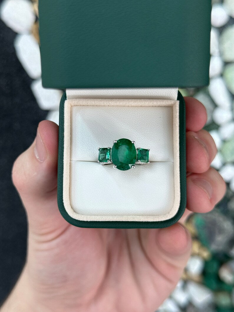 Dark Green Emerald Trilogy Ring in 14K Gold - 6.07tcw