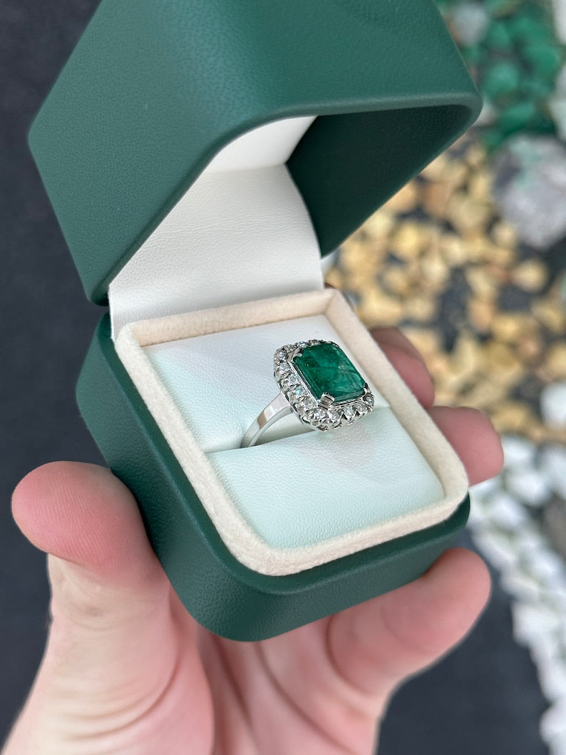 Vertical & Round Cut Diamond Halo Ring in 14K White Gold with 4.49tcw Dark Green Emerald