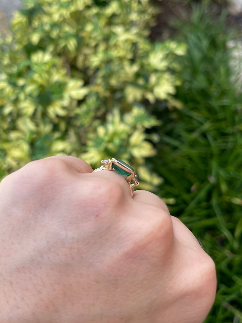 4.35tcw 14K Lush Green Emerald Cut Half Bezel East to West Brilliant Round Cut Diamond 3 Stone Engagement Ring - JR Colombian Emeralds