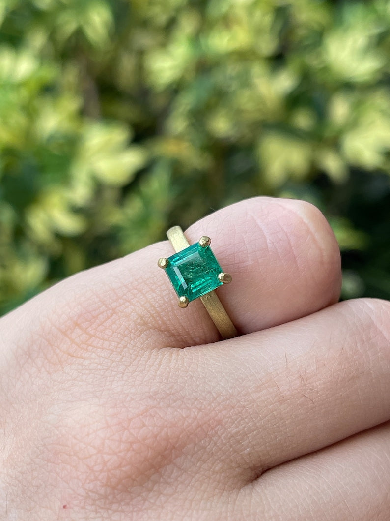 2.10ct 18K Medium Green Asscher Cut Emerald Solitaire 4 Prong Gold Statement Engagement Ring
