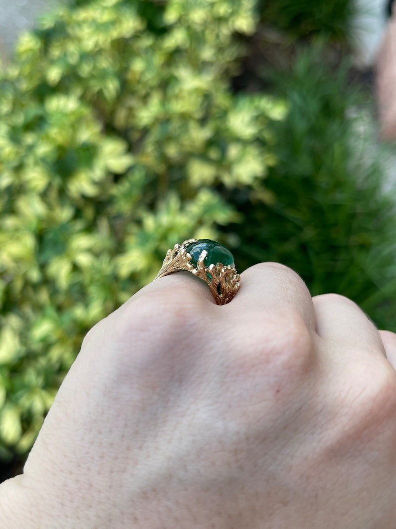 12ct 14K Dark Green Natural Oval Cabochon Cut Emerald Solitaire Gold Nugget Zambian Statement Ring