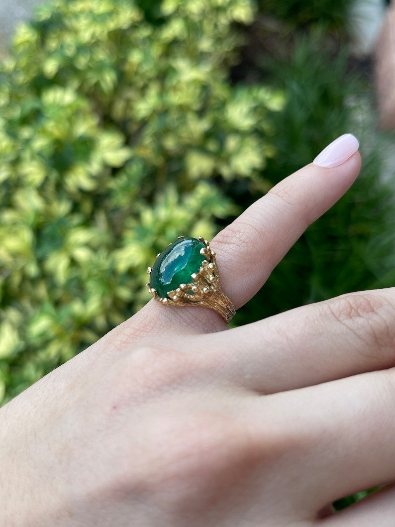 12ct 14K Dark Green Natural Oval Cabochon Cut Emerald Solitaire Gold Nugget Zambian Statement Ring - JR Colombian Emeralds