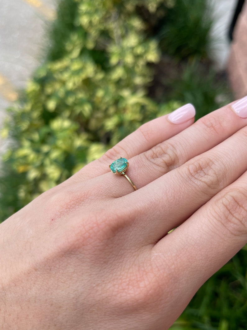 Eternal Radiance: 1.30ct Dainty Lush Green Oval Cut Emerald Solitaire 14K Gold Engagement Ring