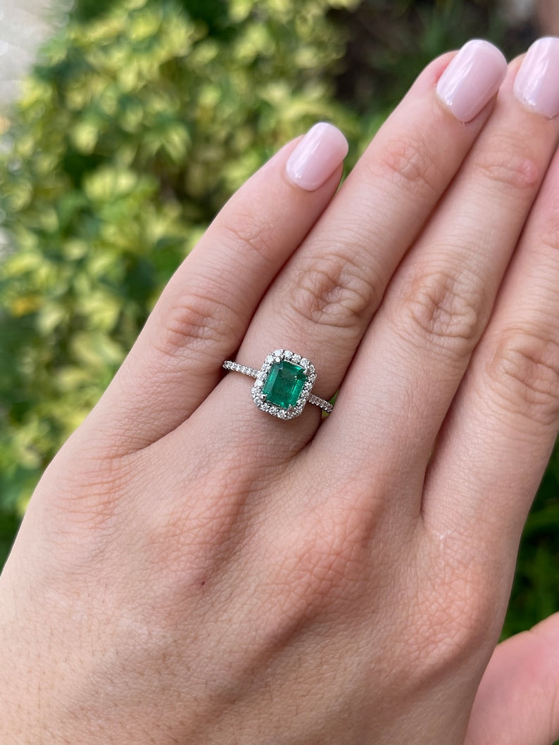 1.81tcw 14K Gold Lush Rich Green Emerald Cut Diamond Halo Shank Accent Engagement Ring - JR Colombian Emeralds