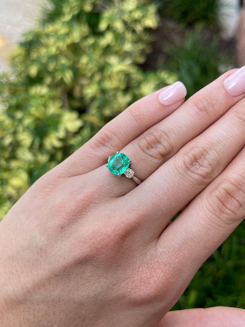 4.10tcw 14K Vivid Cushion Cut Emerald & Brilliant Round Diamond 3 Stone White Gold Engagement Ring - JR Colombian Emeralds