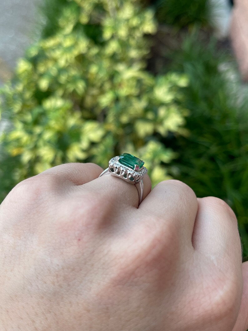 4.49tcw 14K Dark Green Emerald Vertical & Round Cut Diamond Halo in White Gold 585 Prong Set Engagement Right Hand Ring - JR Colombian Emeralds