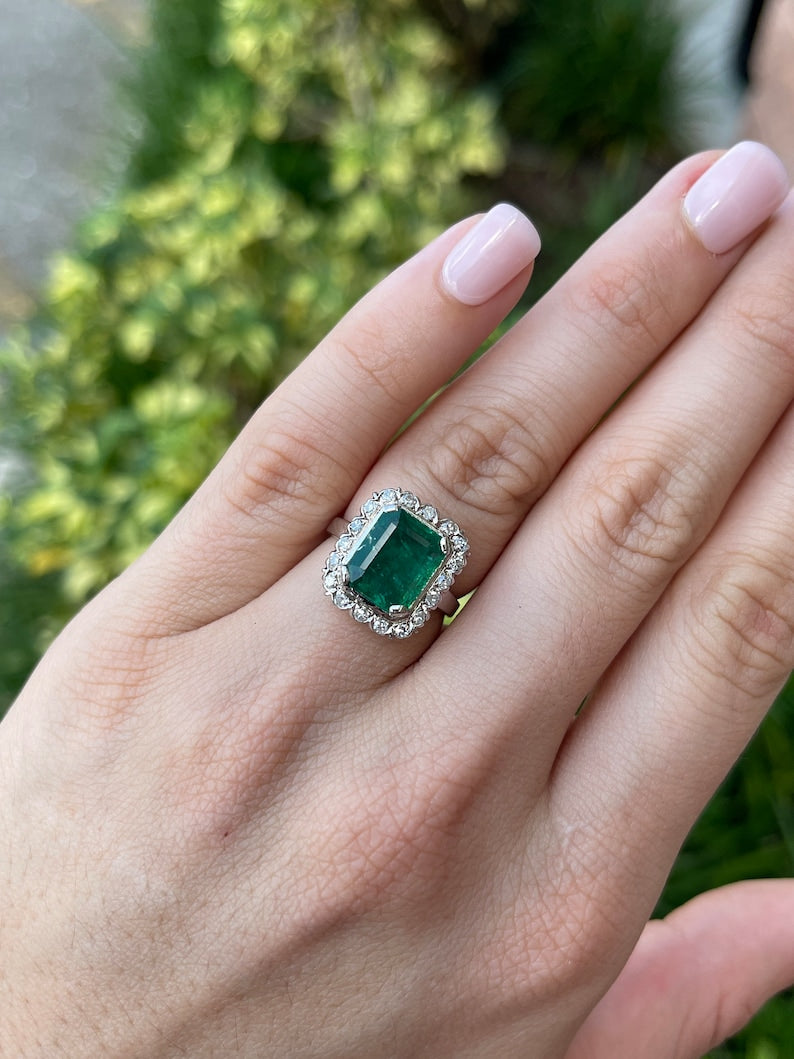 4.49tcw 14K Dark Green Emerald Vertical & Round Cut Diamond Halo in White Gold 585 Prong Set Engagement Right Hand Ring - JR Colombian Emeralds