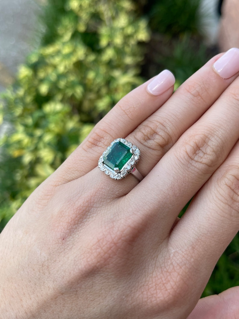 4.49tcw 14K Dark Green Emerald Vertical & Round Cut Diamond Halo in White Gold 585 Prong Set Engagement Right Hand Ring - JR Colombian Emeralds