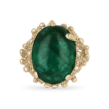 Elegant 14K Gold Nugget Ring with 12ct Oval Cabochon Dark Green Emerald