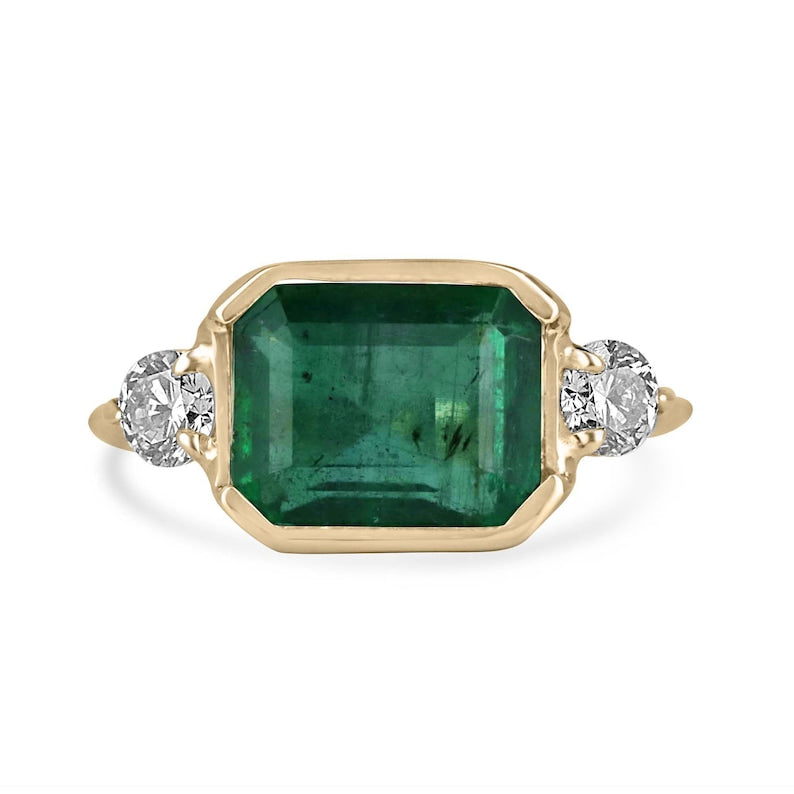 Captivating 14K White Gold 3 Stone Emerald Cut Green Emerald Ring
