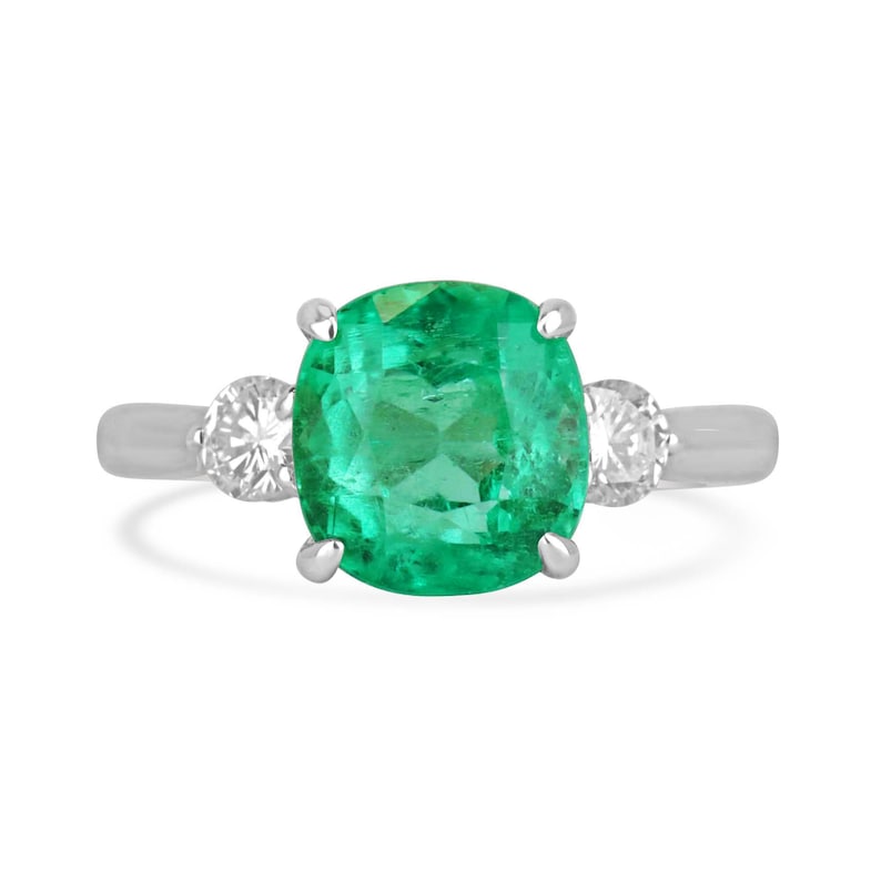 Captivating 4.10 Carat Total Weight Cushion-Cut Emerald and Brilliant Round Diamond 3-Stone White Gold Engagement Ring