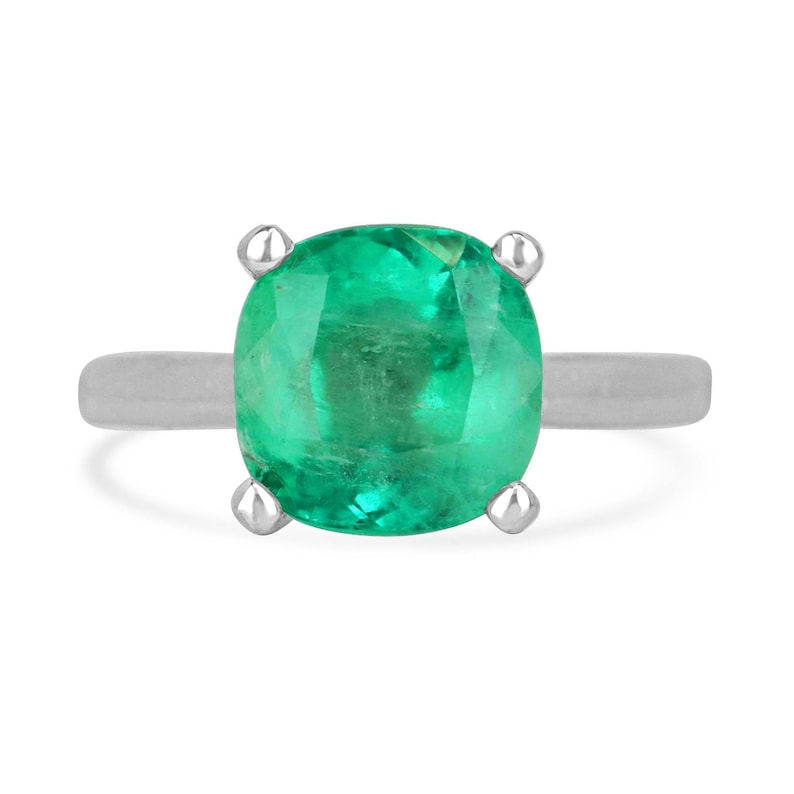 Stunning 4.0 Carat Cushion Cut Green Emerald Engagement Ring in 14K White Gold