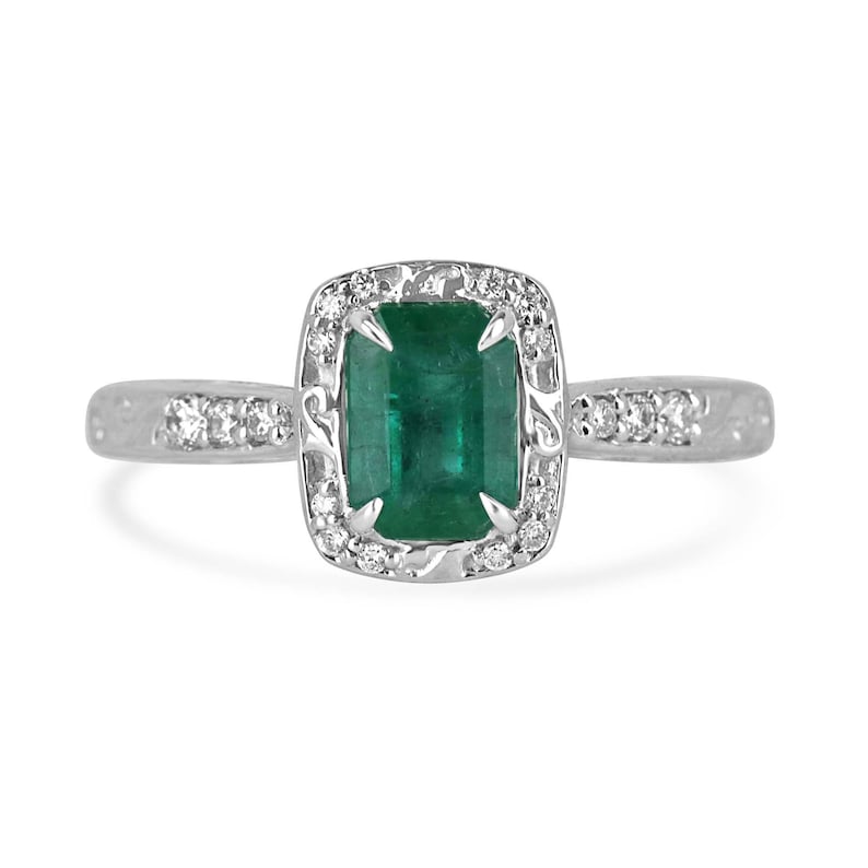 Elegant 14K White Gold Engagement Ring with Floral Emerald Cut Design and Diamond Accents 20 Total Carat Weigh