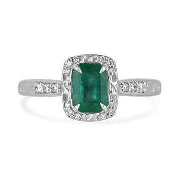 Elegant 14K White Gold Engagement Ring with Floral Emerald Cut Design and Diamond Accents 20 Total Carat Weigh