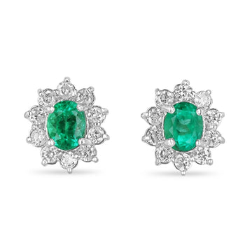 Elegant 14K Gold Stud Earrings with 5.0tcw Vivid Green Emerald and Floral Diamond Halo