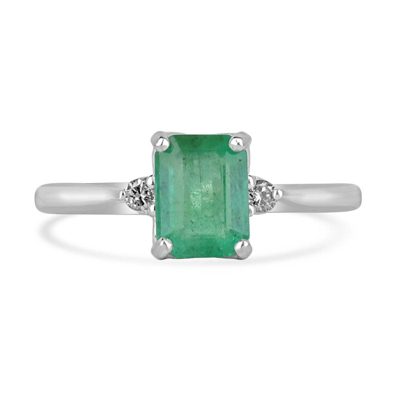 Sterling Silver Right Hand Ring with 1.20 Total Carat Weight Natural Emerald-Cut Light to Medium Green Round Diamond Trio