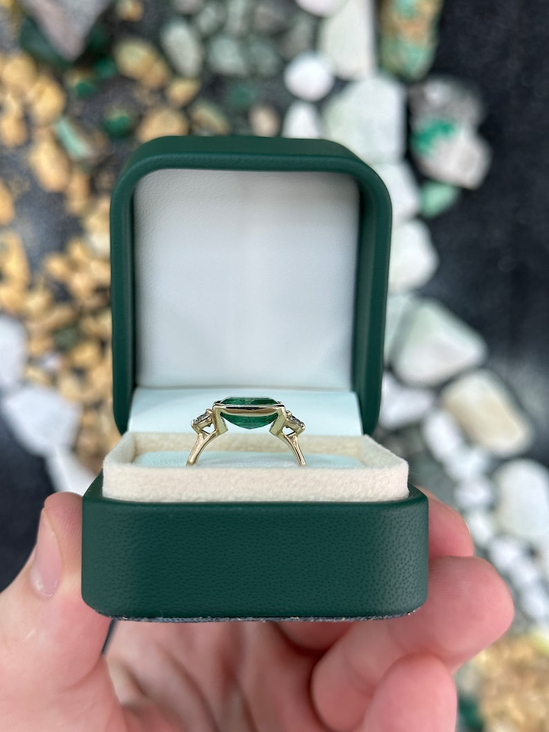 4.35tcw 14K Lush Green Emerald Cut Half Bezel East to West Brilliant Round Cut Diamond 3 Stone Engagement Ring - JR Colombian Emeralds