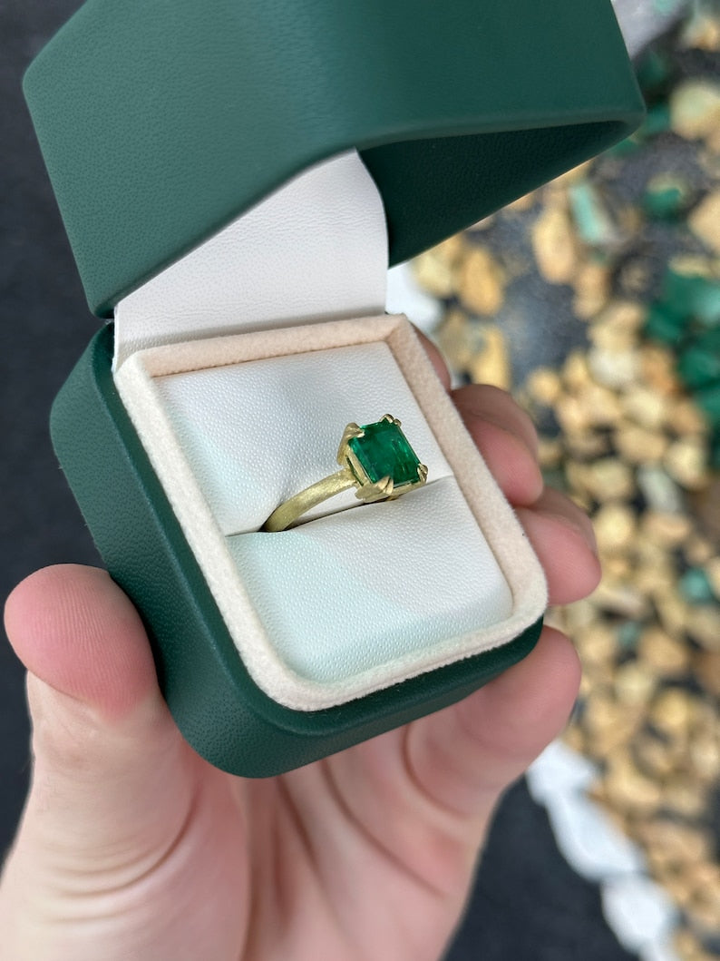 18K Gold Solitaire Engagement Ring Featuring a Magnificent 2.68ct Double Claw Prong Emerald Cut Emerald - Captivating Green Hue