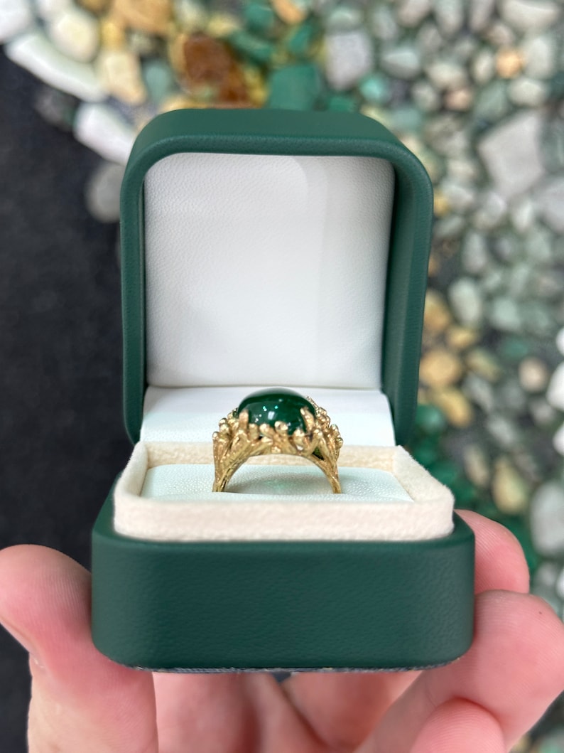 14K Gold Nugget Design Ring Featuring Dark Green Zambian Emerald