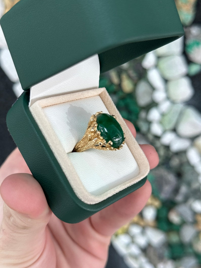 12ct 14K Dark Green Natural Oval Cabochon Cut Emerald Solitaire Gold Nugget Zambian Statement Ring - JR Colombian Emeralds