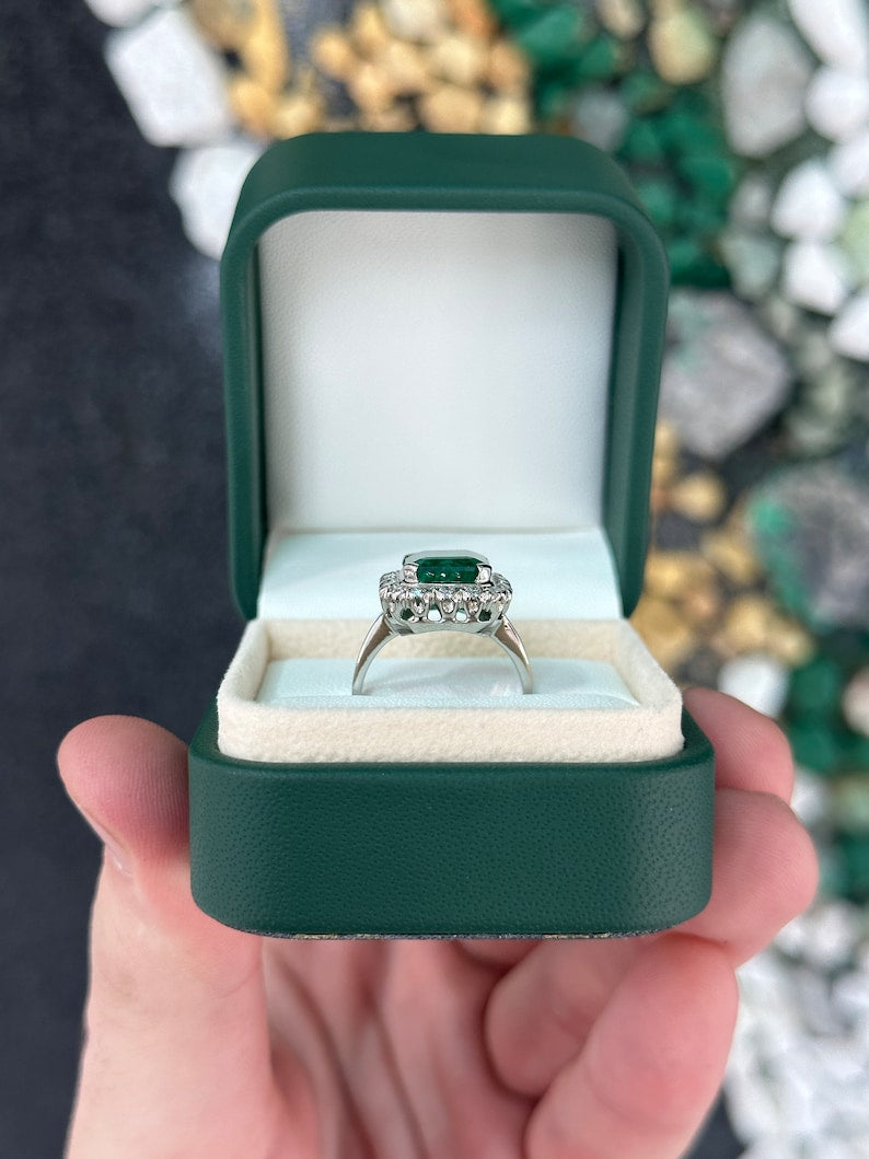 4.49tcw 14K Dark Green Emerald Vertical & Round Cut Diamond Halo in White Gold 585 Prong Set Engagement Right Hand Ring - JR Colombian Emeralds