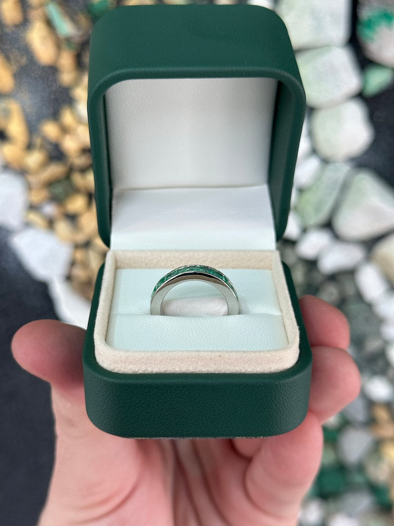 1.35tcw 18K Medium Green Princess Cut Emerald White Gold Wedding Unisex Band Ring - JR Colombian Emeralds