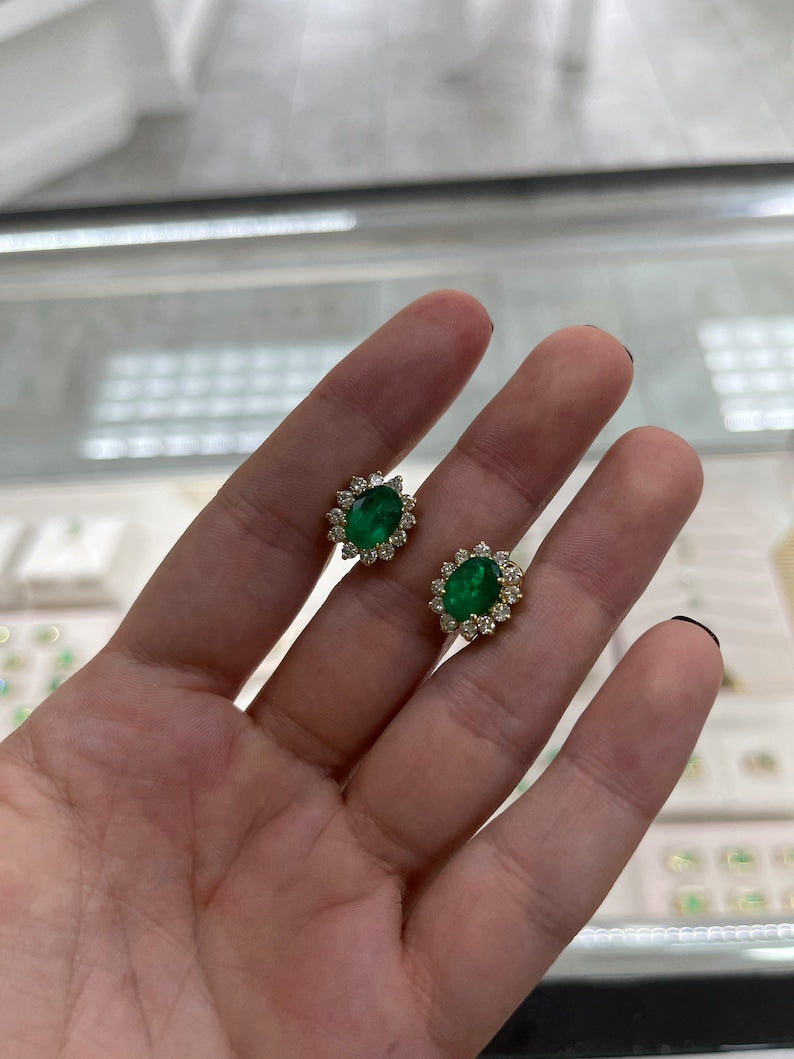 6.60tcw 18K Fine Quality Dark Rich Green Oval Cut Emerald & Diamond Luxury Earrings