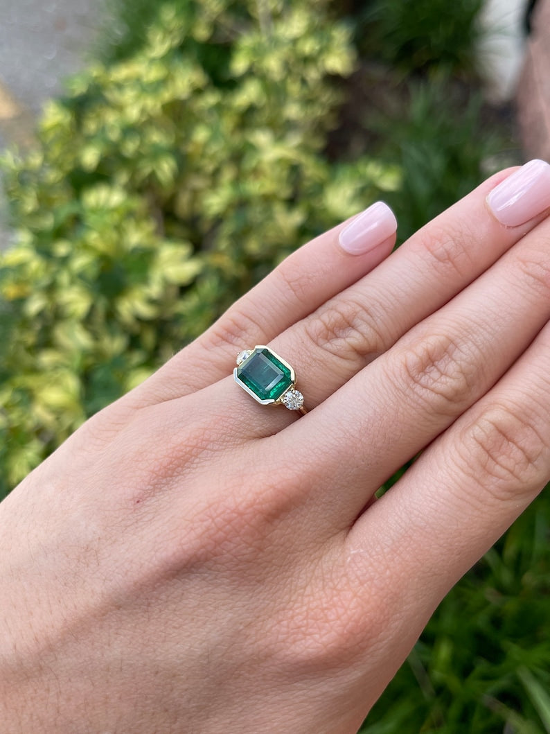 4.35tcw 14K Lush Green Emerald Cut Half Bezel East to West Brilliant Round Cut Diamond 3 Stone Engagement Ring - JR Colombian Emeralds