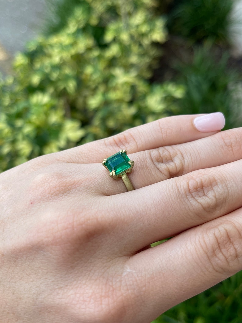 2.68ct 18K AAA Double Claw Prong Rich Green Emerald Cut Solitaire Satin Finish Gold Engagement Ring - JR Colombian Emeralds