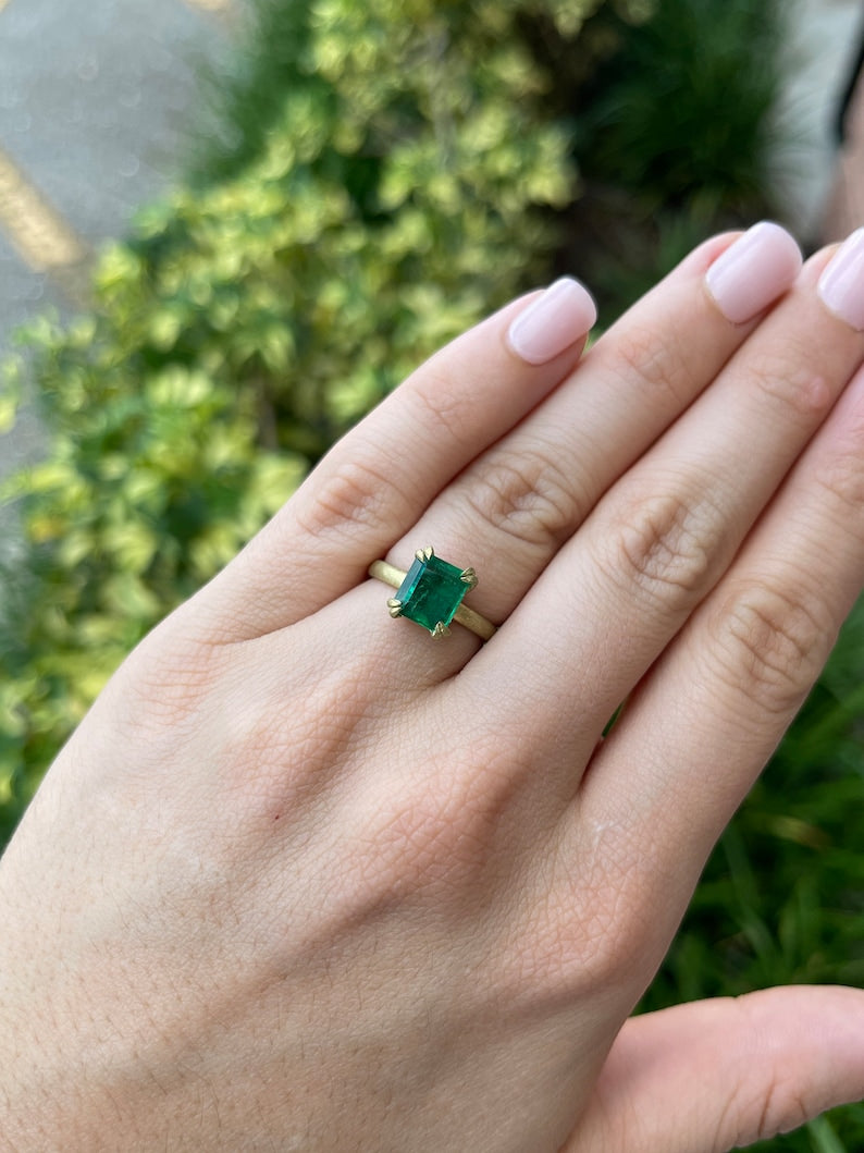 2.68ct 18K AAA Double Claw Prong Rich Green Emerald Cut Solitaire Satin Finish Gold Engagement Ring - JR Colombian Emeralds