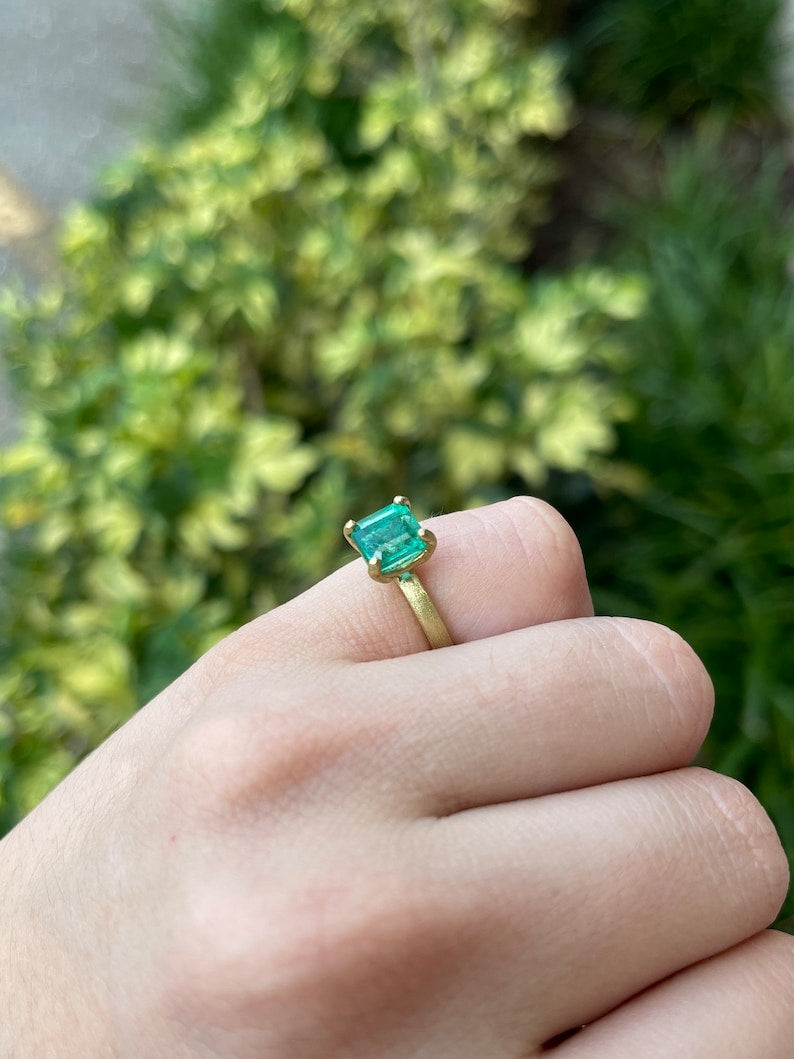 2.10ct 18K Medium Green Asscher Cut Emerald Solitaire 4 Prong Gold Statement Engagement Ring