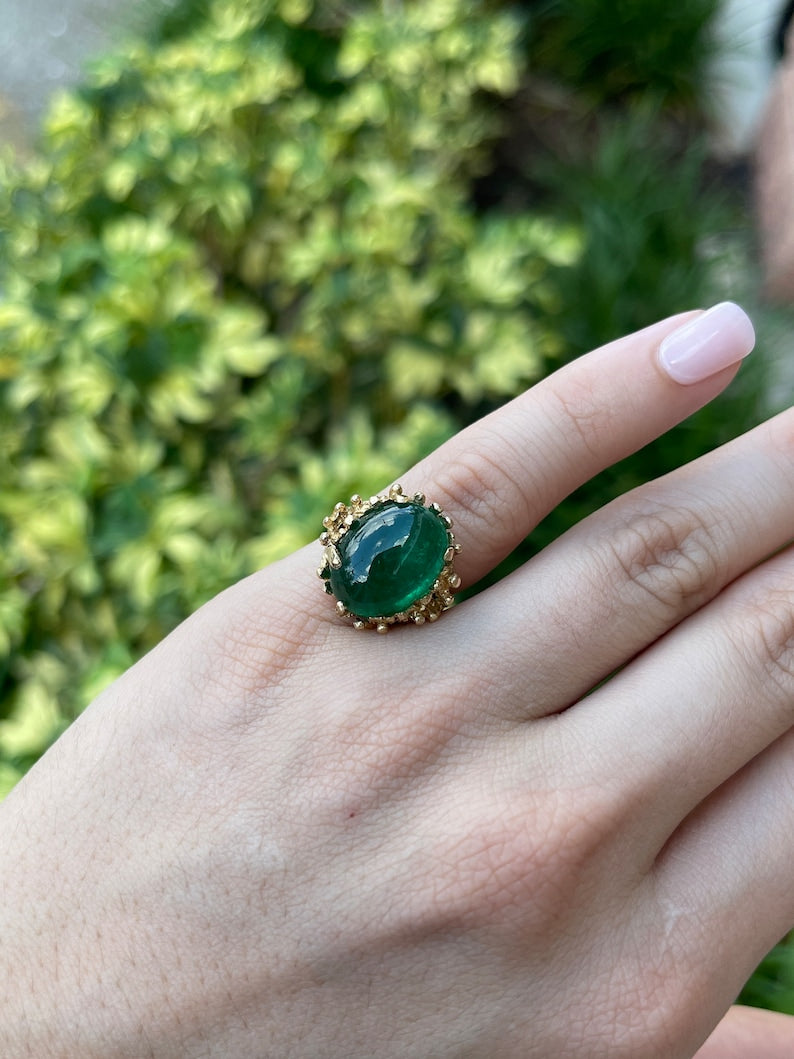 12ct 14K Dark Green Natural Oval Cabochon Cut Emerald Solitaire Gold Nugget Zambian Statement Ring - JR Colombian Emeralds